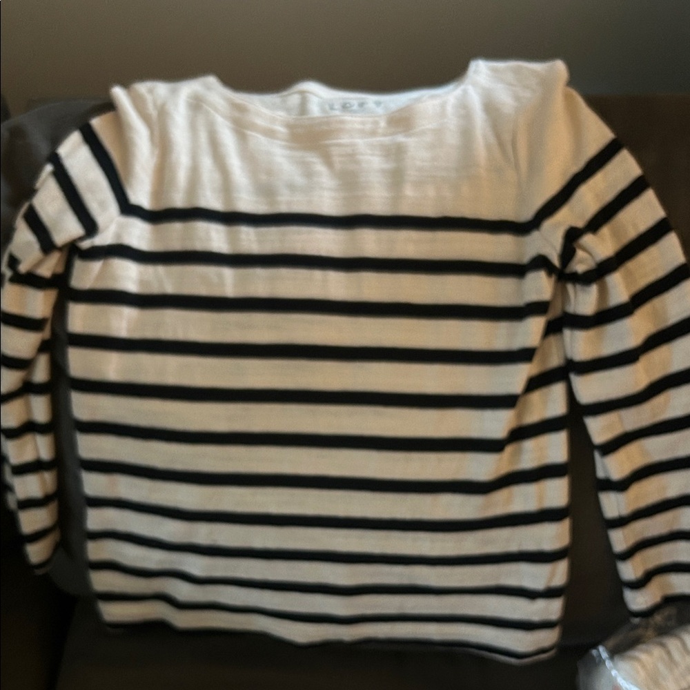 LOFT Off-the-Shoulder Sweater in Black and Cream Stripes